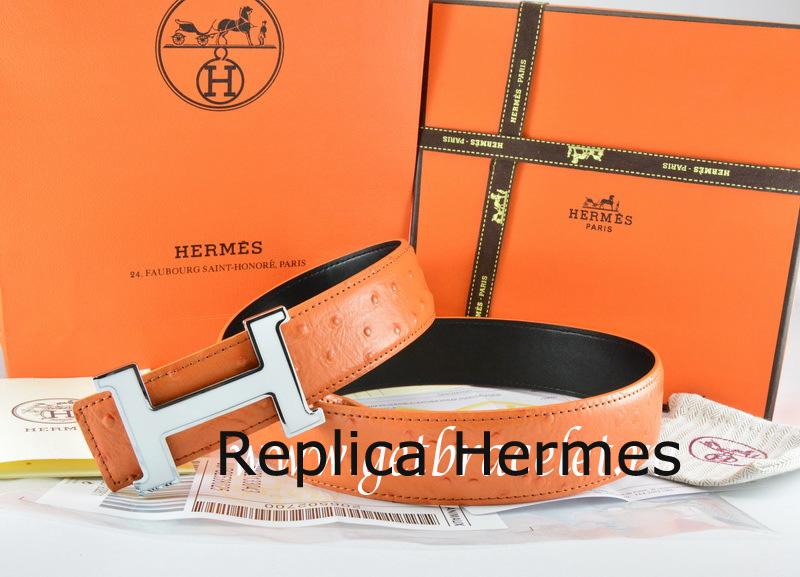 Hermes Reversible Belt Orange/Black Ostrich Stripe Leather With 18K White Silver Narrow H Buckle