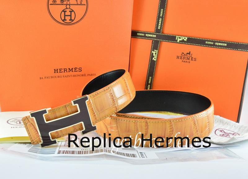 Replica AAA Hermes Reversible Belt Orange/Black Crocodile Stripe Leather With18K Black Gold Width H Buckle