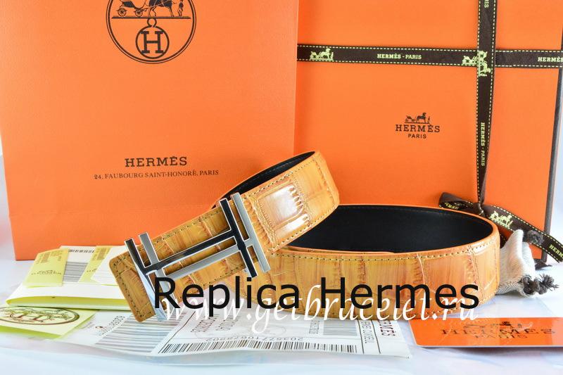 Hermes Reversible Belt Orange/Black Crocodile Stripe Leather With18K Silver H Au Carre Buckle Replica